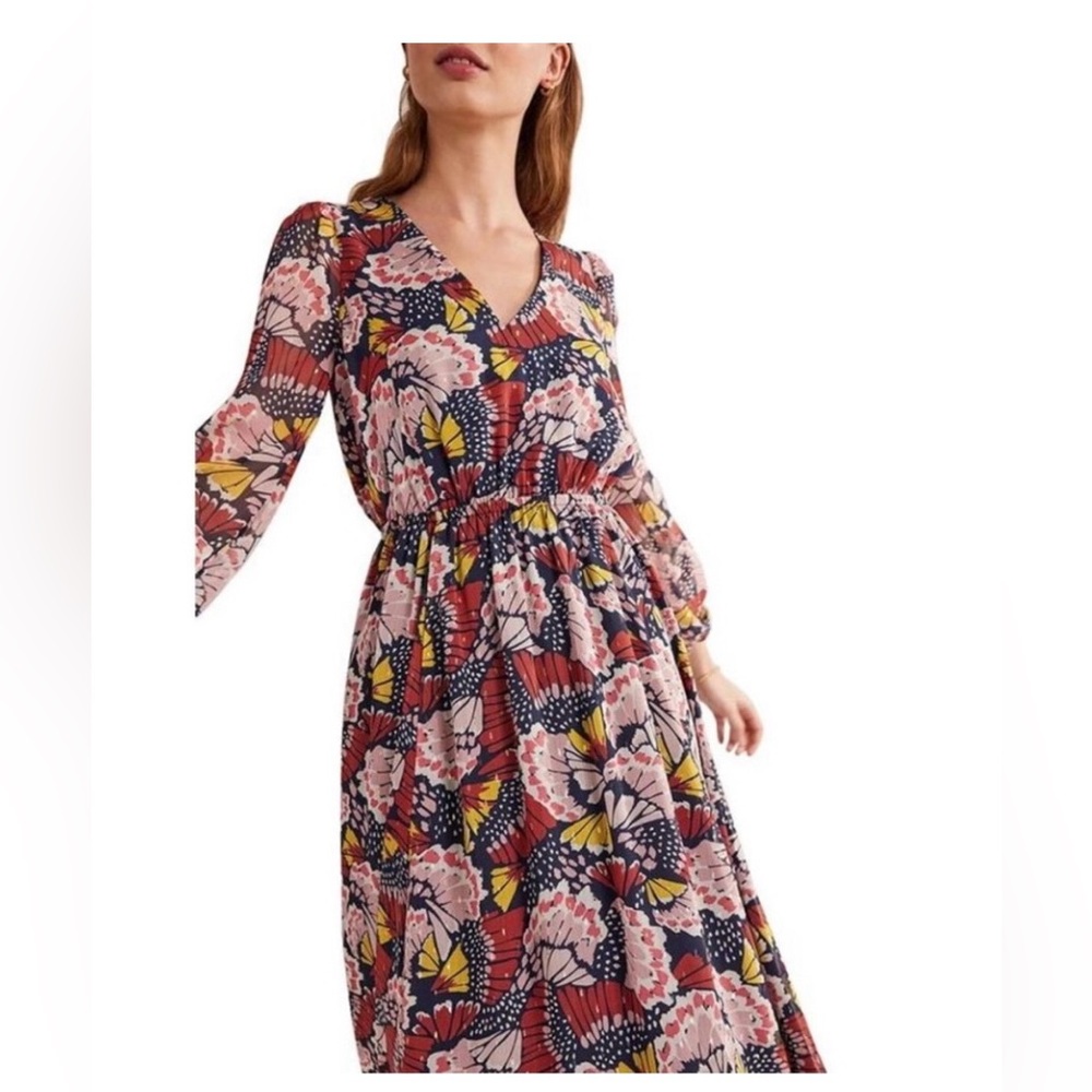 Boden Long Sleeve Floral Maxi Dress in Navy, Pink & Yellow